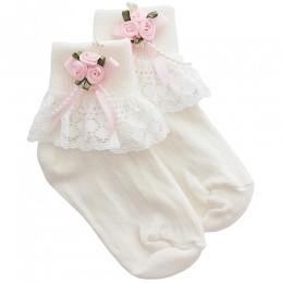 Girls Ivory Lace Socks with Baby Pink Rosebud Cluster